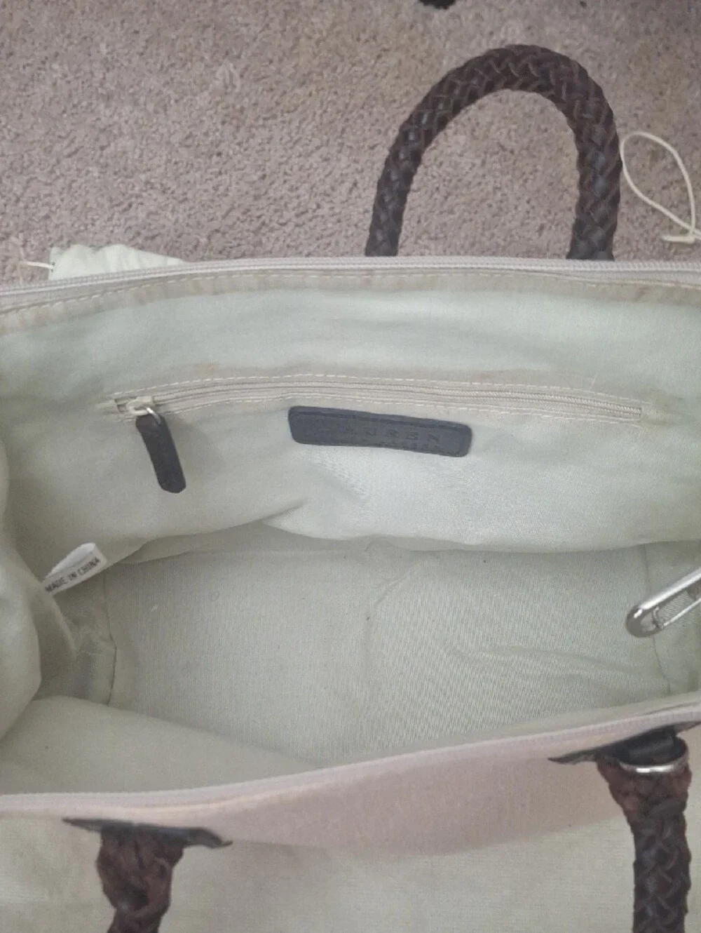LAUREN - Ralph Lauren Beige Linen Purse with Brown Leather Braided Handles